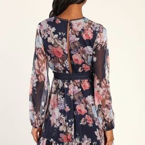 Sweetness Season Dark Blue Floral Print Long Sleeve Mini Dress- Worn once